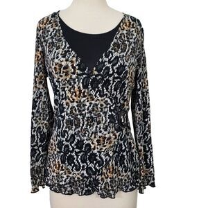Notations Faux Wrap Shirt Top 2Fer Size Medium Mini Pleat Stretch Floral Animal
